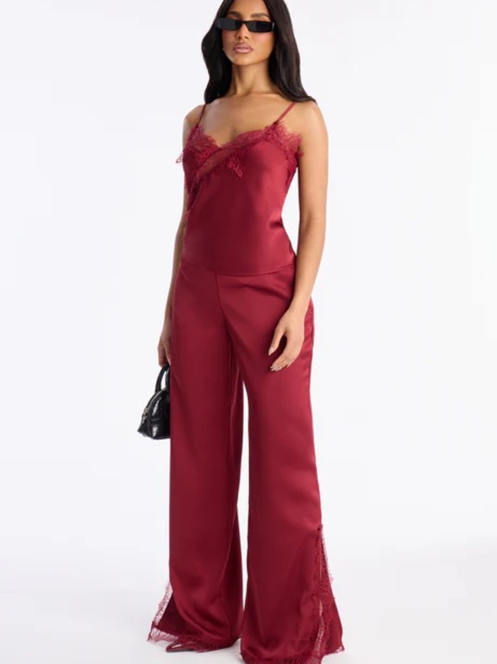 Burgundy Satin Lace-Trim Pant set with adjustable straps & wide leg pants